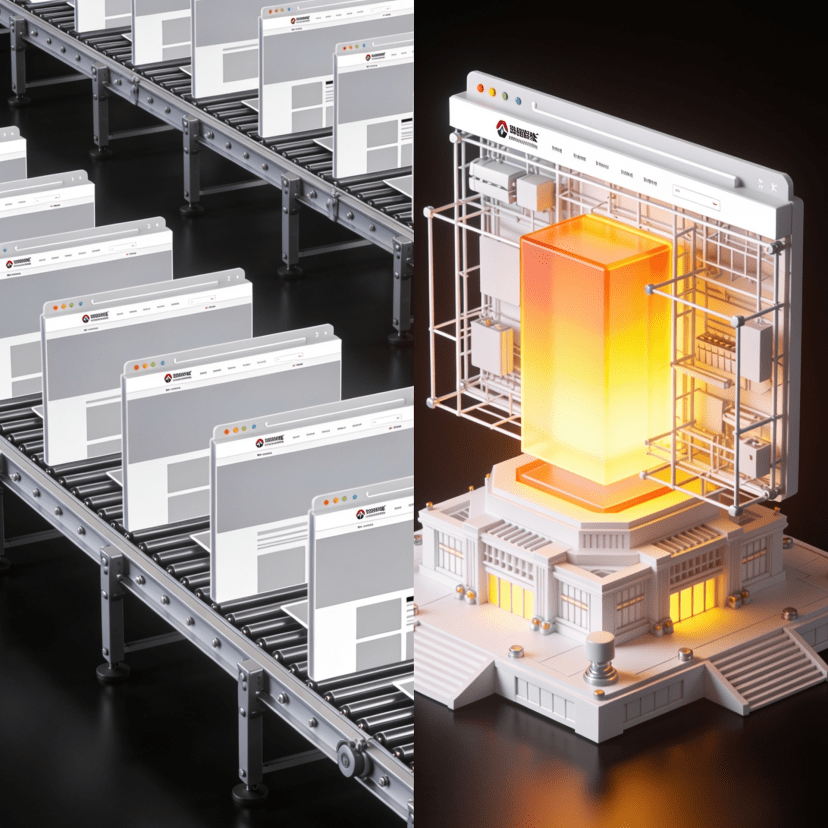 A template website set against a custom-built one, weighed across business requirements.