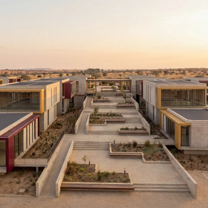 An expanding campus of modular buildings arranged around ascending terraces.