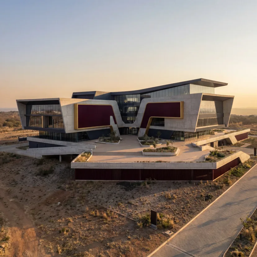 A monumental contemporary building with a distinctive sculptural silhouette.