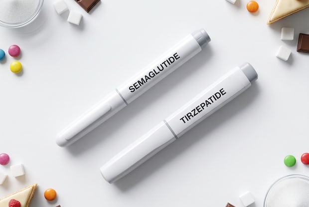 two GLP-1 injection weight loss pens labelled semaglutide and tirzepatide