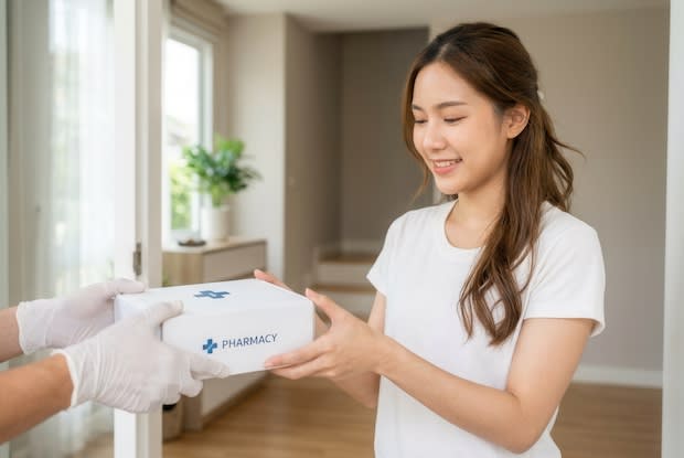 a woman receiving her telehealth package delivery