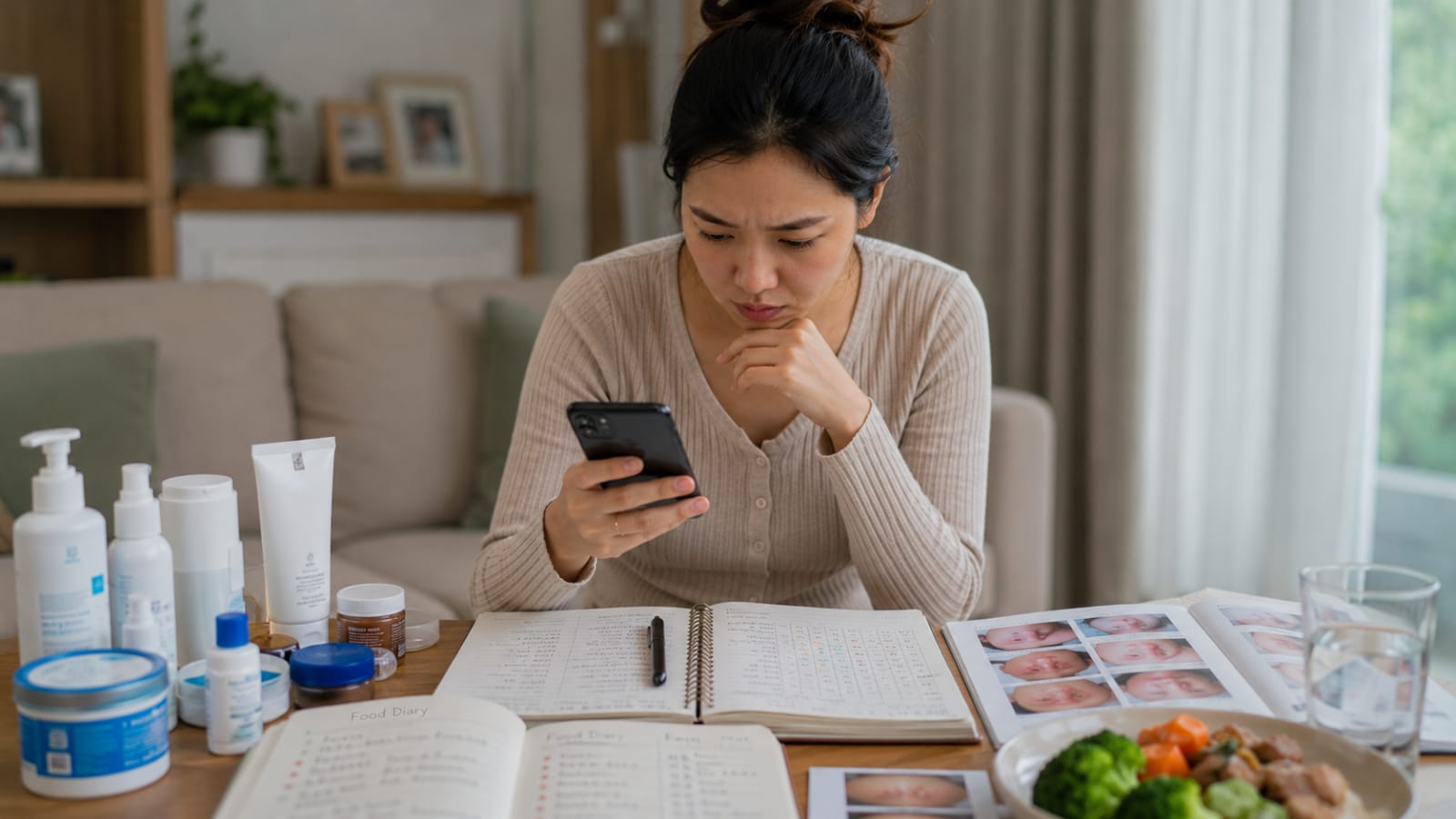 Ibu membandingkan beberapa produk perawatan kulit bayi sambil melihat catatan flare pada smartphone