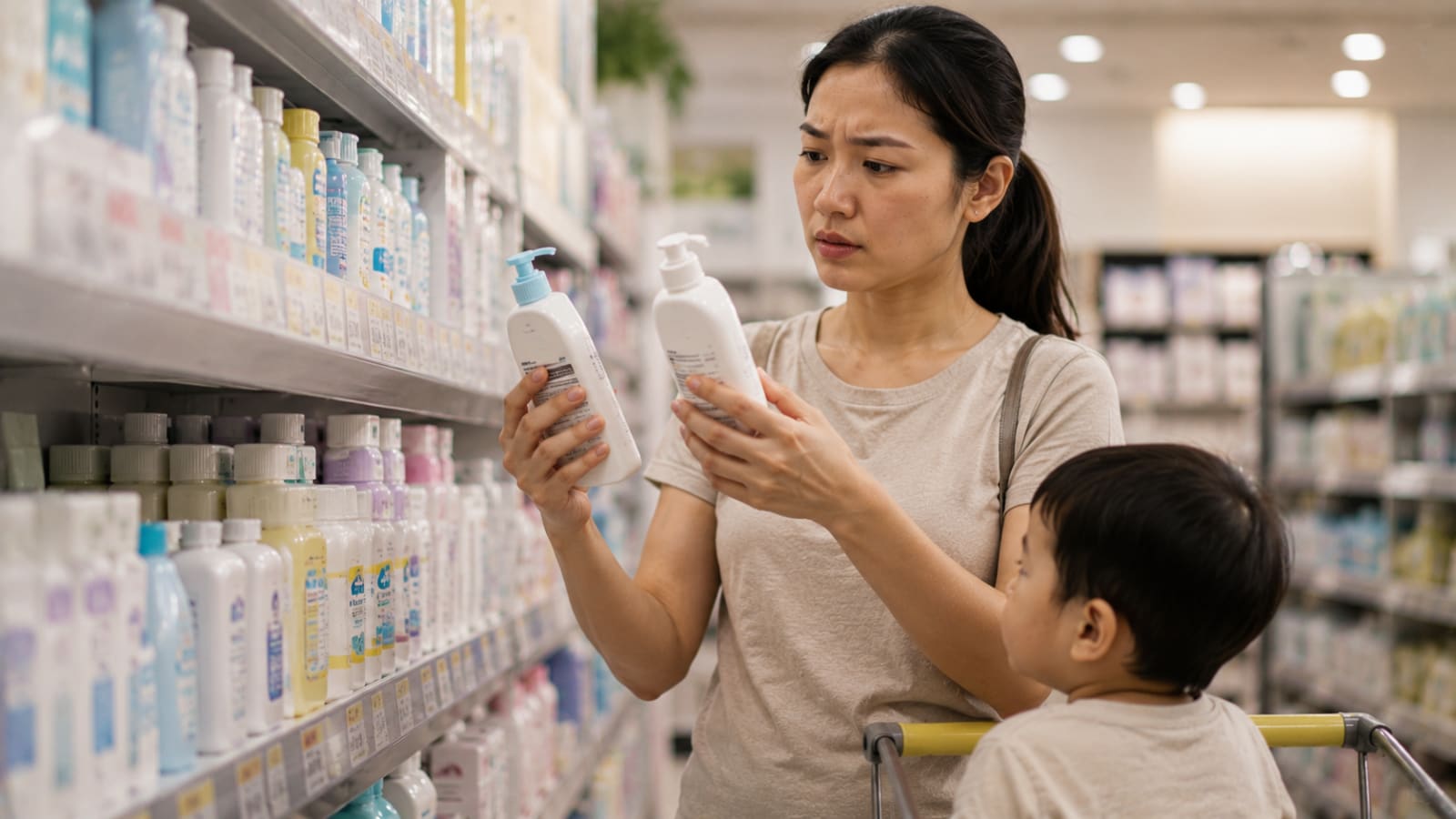 Ibu memegang produk perawatan kulit baru sambil memperhatikan perubahan pada kulit anak