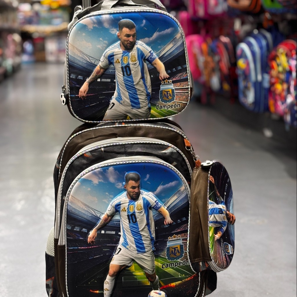 Set mochila carrito+lunchera+cartuchera Messi