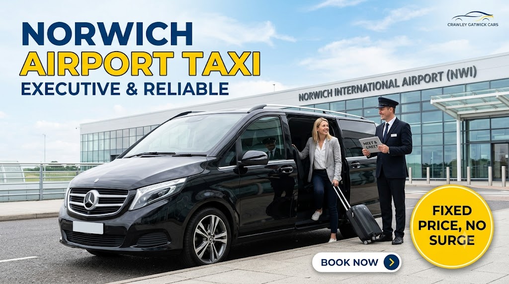 A premium Mercedes executive saloon vehicle waiting for passengers outside the main terminal entrance for a professional Norwich airport taxi transfer.