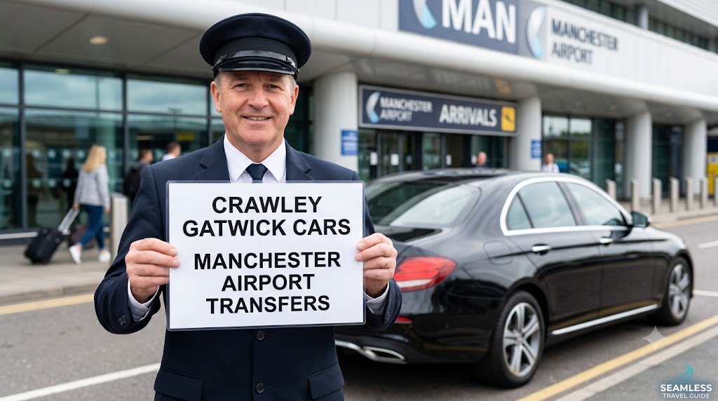 A professional chauffeur standing next to a luxury black taxi waiting for Manchester city airport transfers.