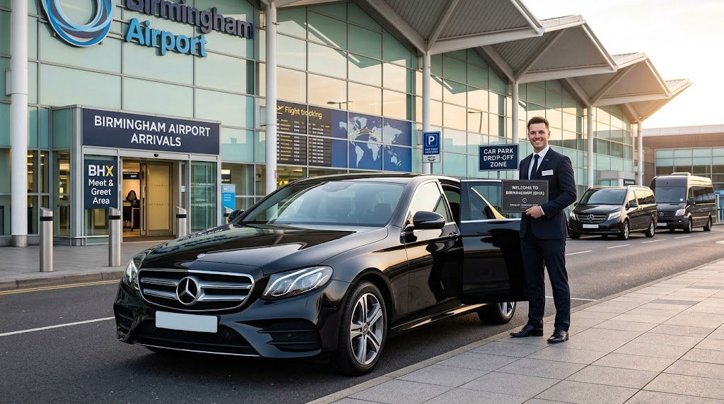 A luxury executive vehicle prepared for comfortable Birmingham city airport transfers with a professional chauffeur.