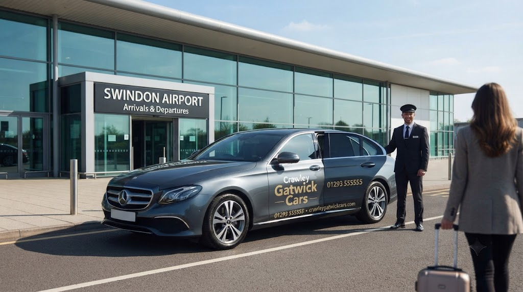 An overview of the modern terminal building at Swindon airport with a view of the cars outside providing a professional Swindon Airport Taxi service.