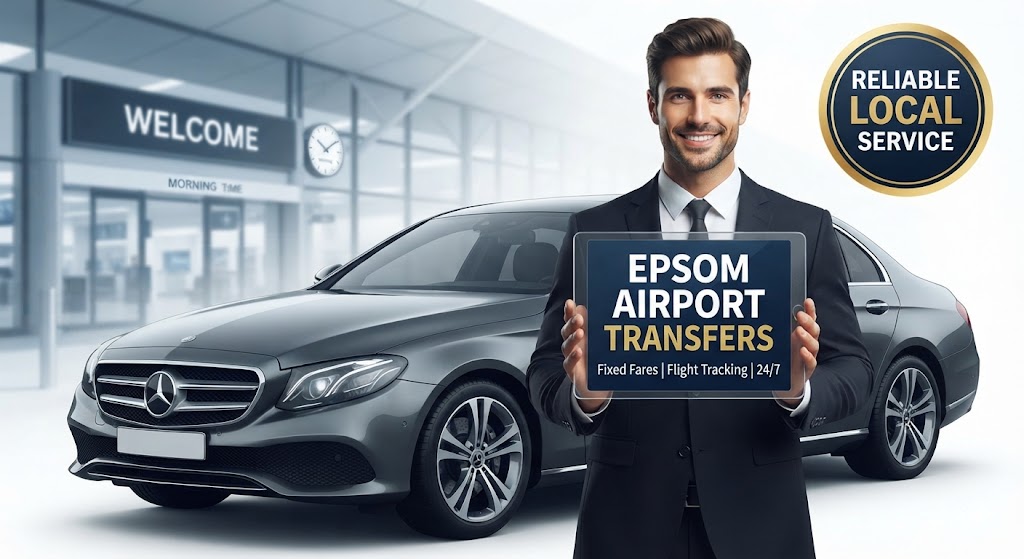 Professional chauffeur waiting with a name board for Epsom airport transfers arrivals