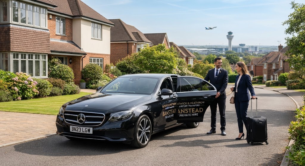 A professional Crawley Gatwick Cars executive vehicle ready for a smooth Banstead airport taxi transfer