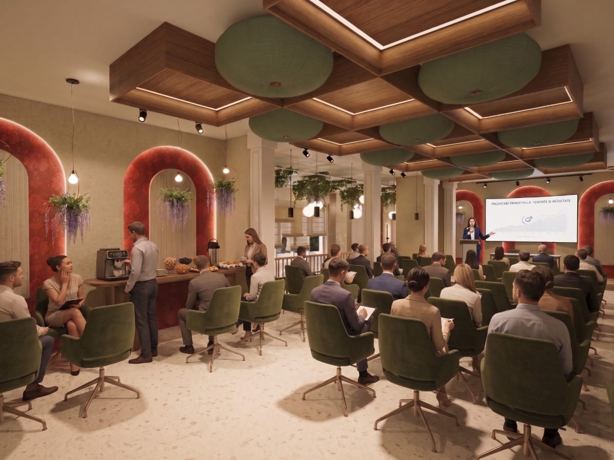 Sala de conferințe Delta Balamuc Resort: scaune verzi în aranjament de teatru, ecran de proiecție și bar de coffee break sub arcade cu flori