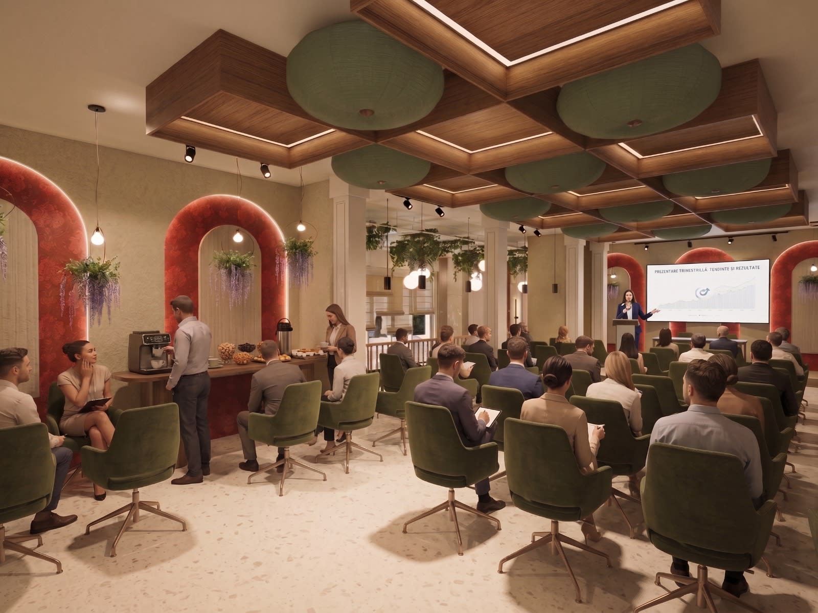 Sala de conferințe Delta Balamuc Resort: scaune verzi în aranjament de teatru, ecran de proiecție și bar de coffee break sub arcade cu flori