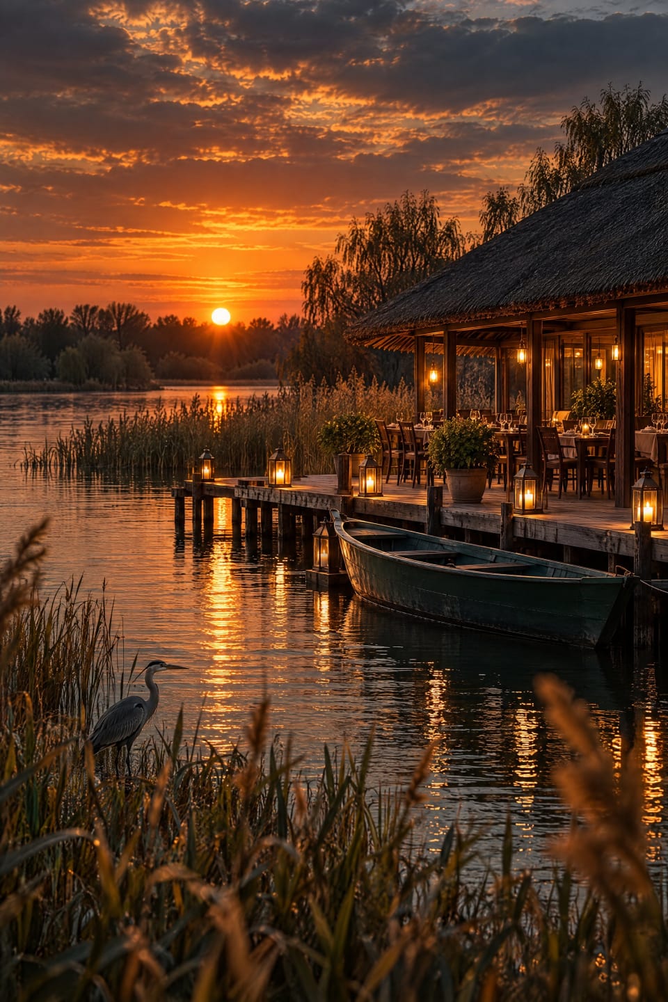Apus de toamnă peste Delta Dunării, cu terasa luminată de felinare și barca resortului la ponton