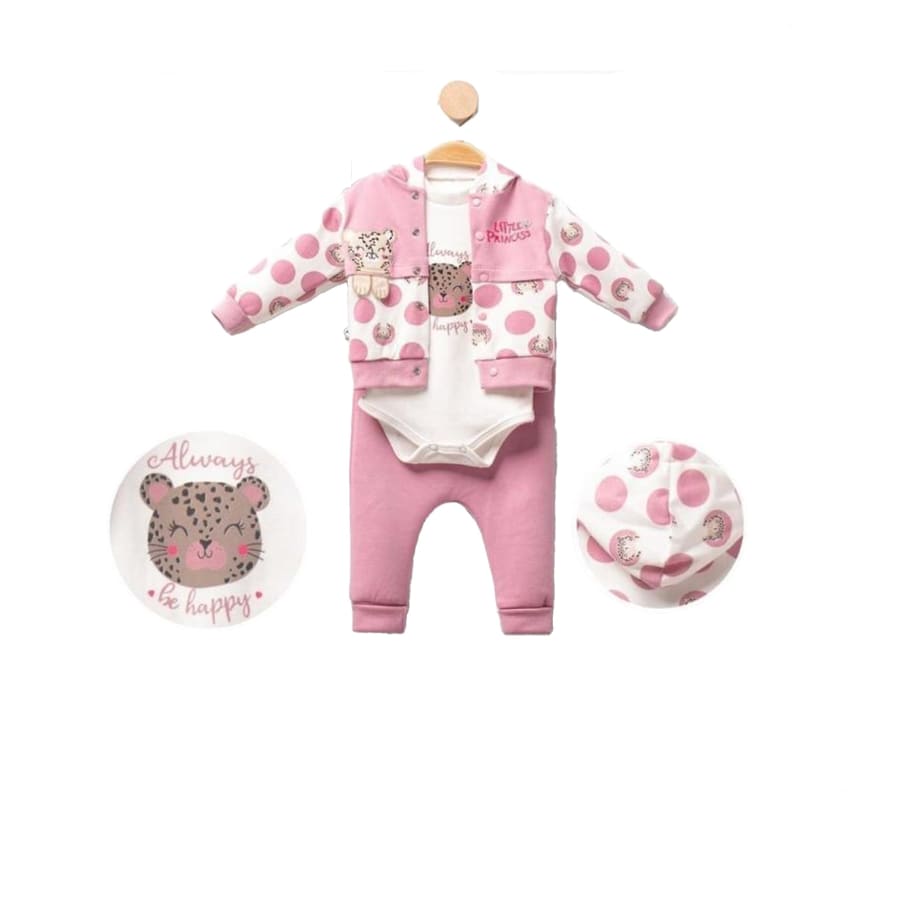 Set haine 3 piese pentru bebelusi, roz model cu pisicuta