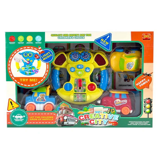 Set Volan Muzical Bebe cu 3 Masinute Creative City