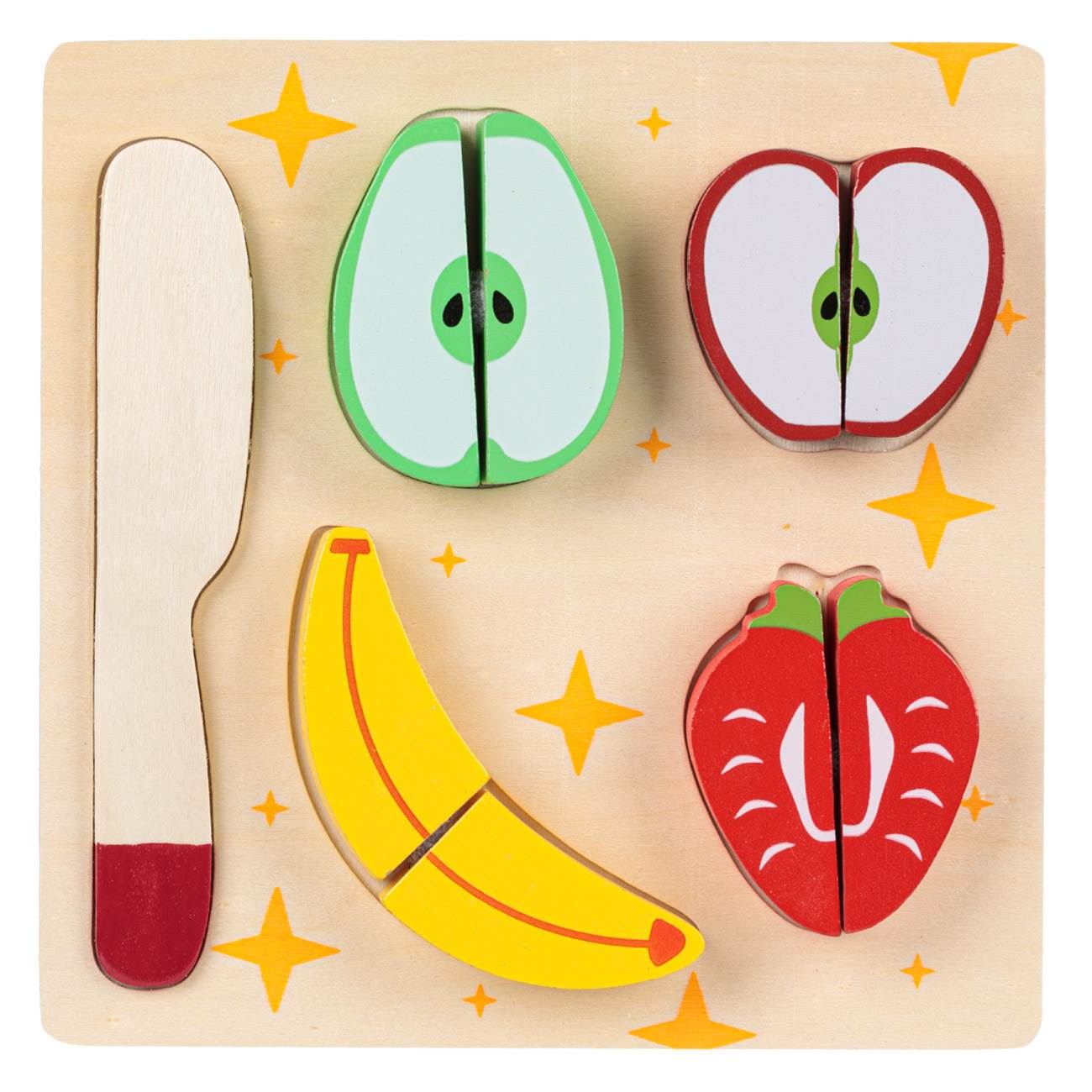 Tocator si cutit de jucarie cu fructe din lemn, 18x18cm