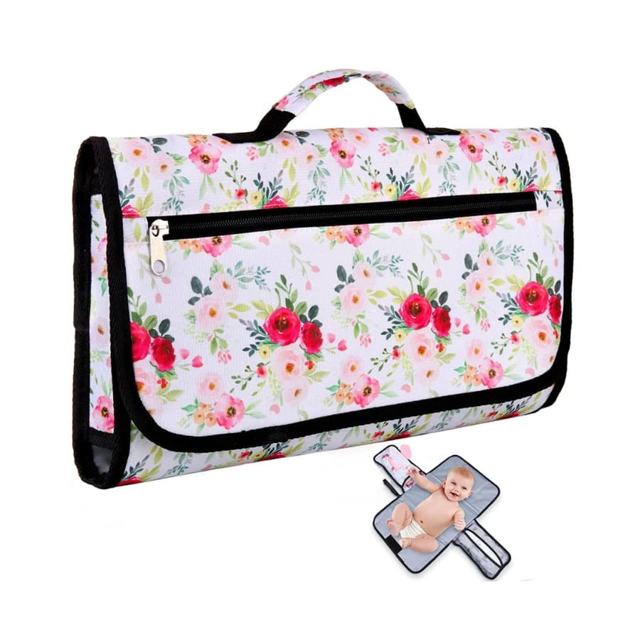 Geanta de scutece cu perna, 56x34cm, model flori alb