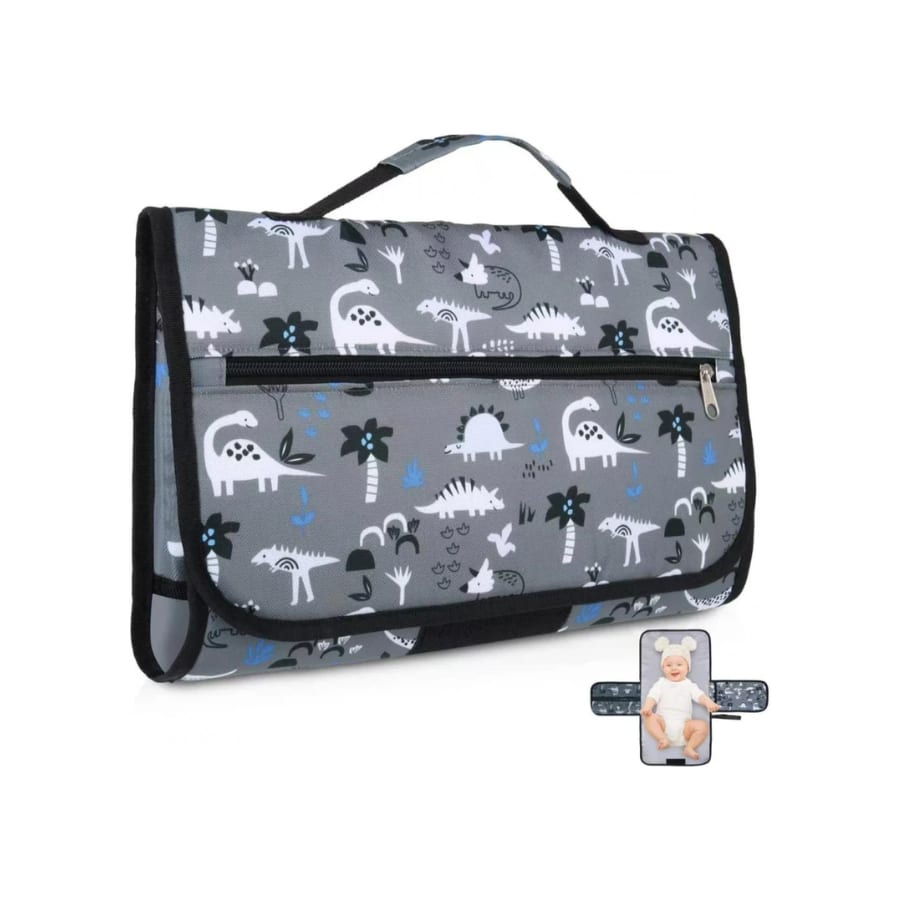 Geanta de scutece cu perna, 56x34cm, model dinozauri gri