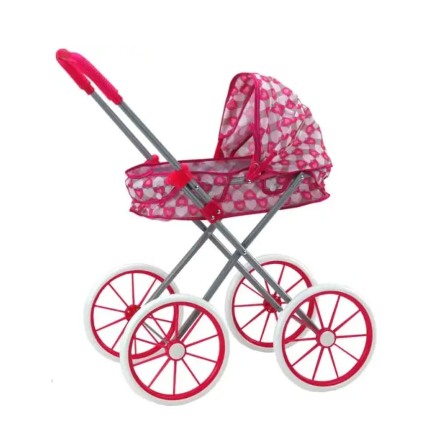 Carucior pentru papusi cu roti mari, Roz cu inimioare