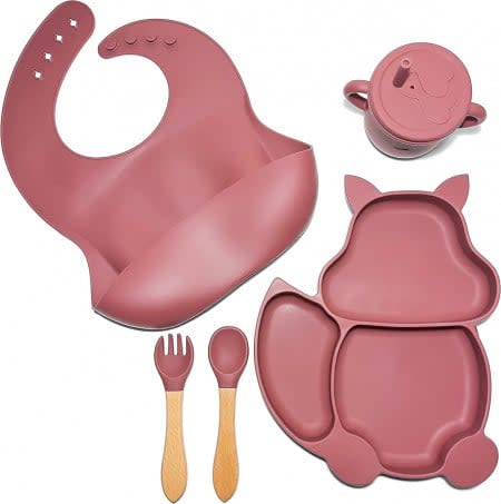 Set de vesela pentru bebelus magenta, silicon/lemn, 5 piese