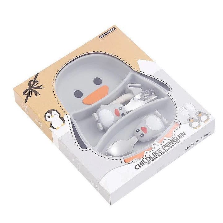 Set diversificare bebelusi silicon cu farfurie pinguin