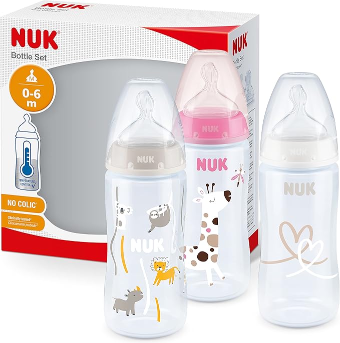 Set 3 Biberoane NUK First Choice+, 0-6 luni, 300 ml, model girafa