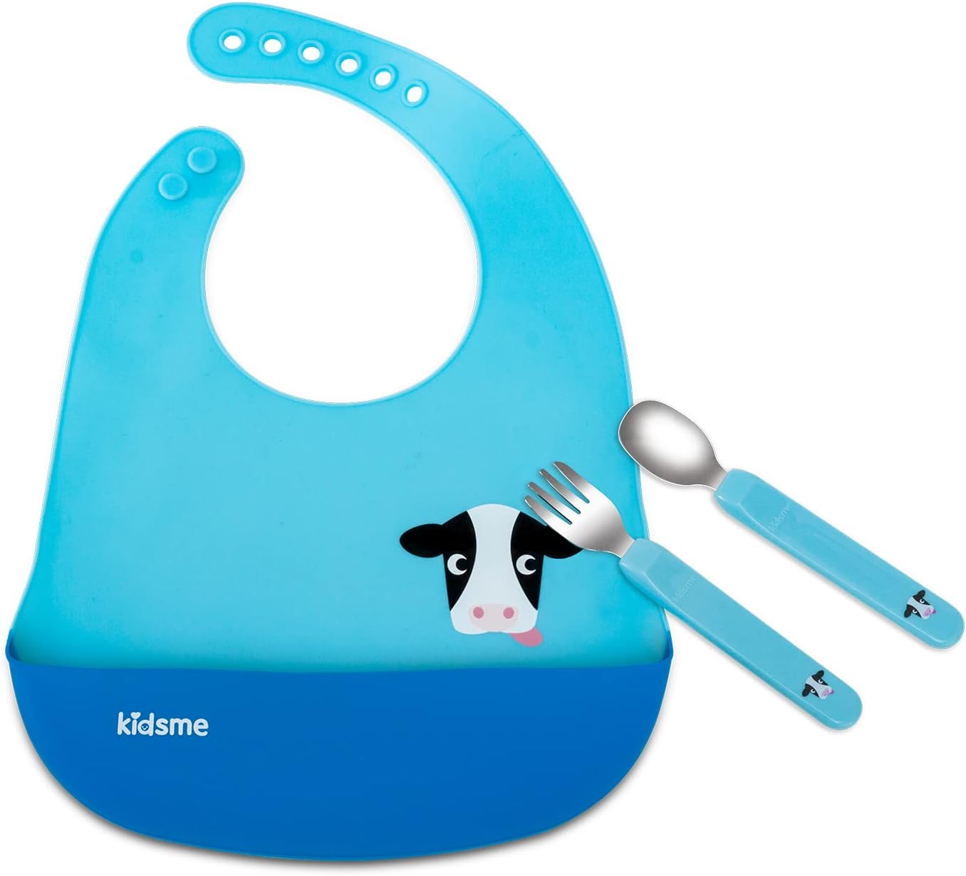 Set Masa Bebelusi – Baveta din Silicon cu Buzunar + Tacamuri pentru Bebelusi, Antialunecare, Albastru