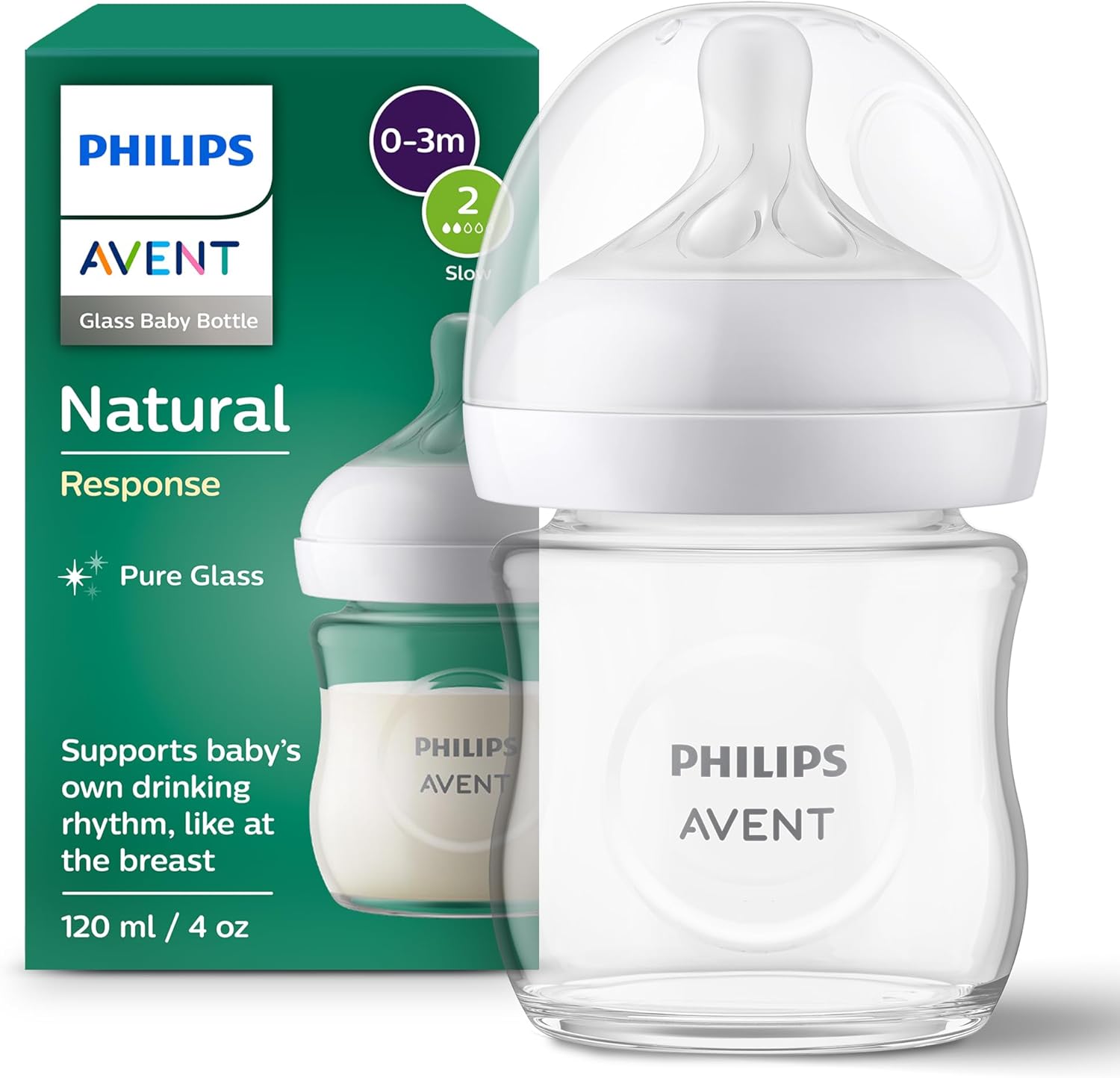 Biberon PHILIPS AVENT Natural Response SCY930/01, flux lent, 0 luni+, 120ml, sticla