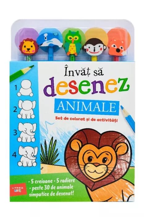 Carte Invat sa desenez / Animale, Set de colorat si de activitati (5 creioane si 5 radiere)