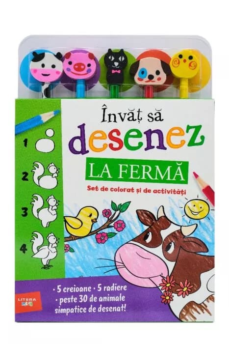 Carte Invat sa desenez / La ferma, Set de colorat si de activitati (5 creioane si 5 radiere)