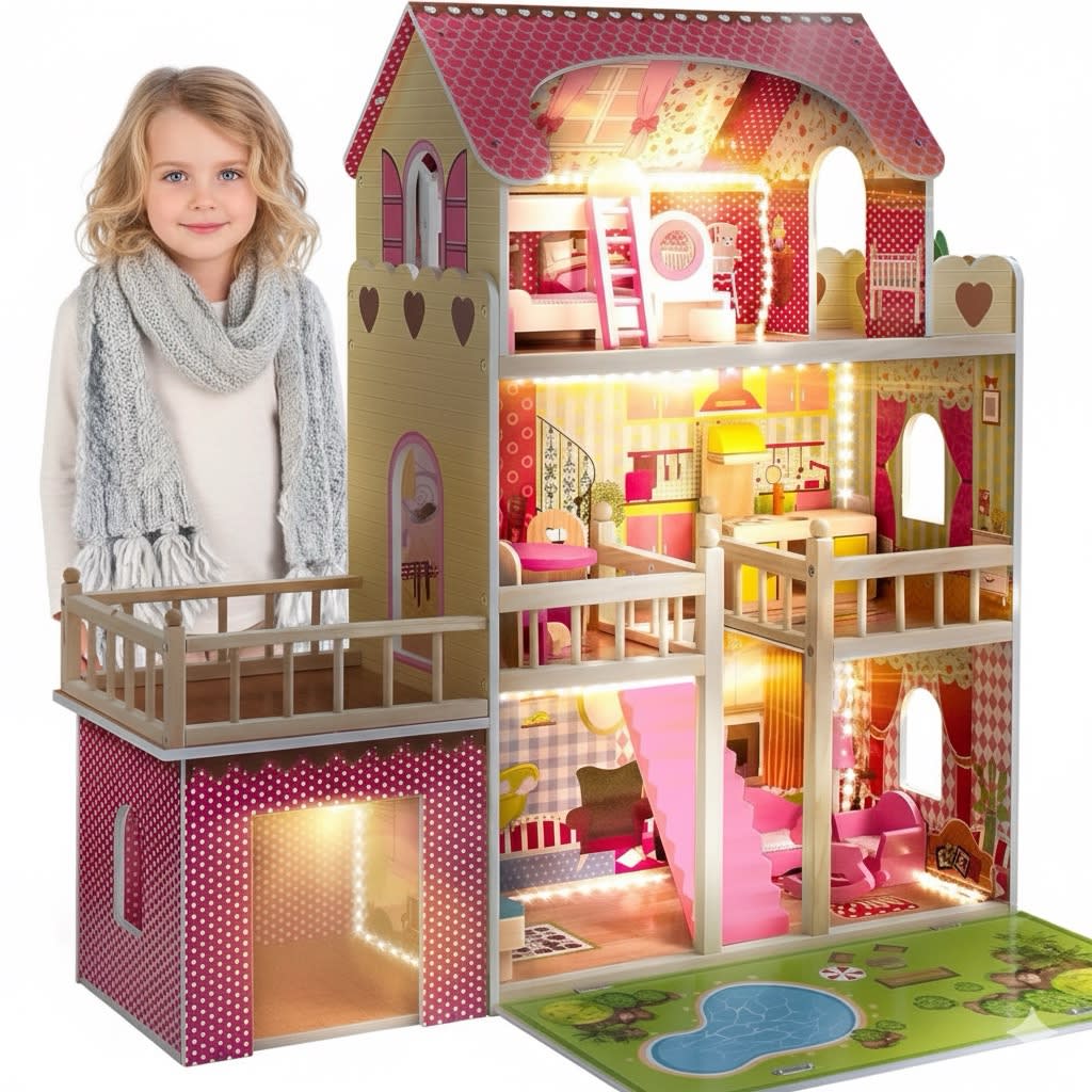 Casa de Papusi din Lemn cu 3 Etaje si Lumini LED – Luxury Dream Villa
