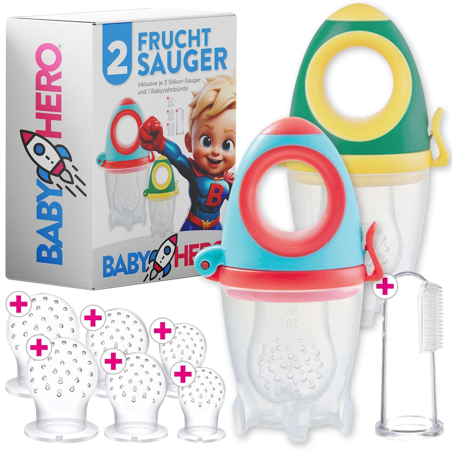 Baby Hero – Set 2 suzete alimentare de fructe pentru bebelusi + 6 Tetine Silicon in 3 Marimi + Periuta Bebe