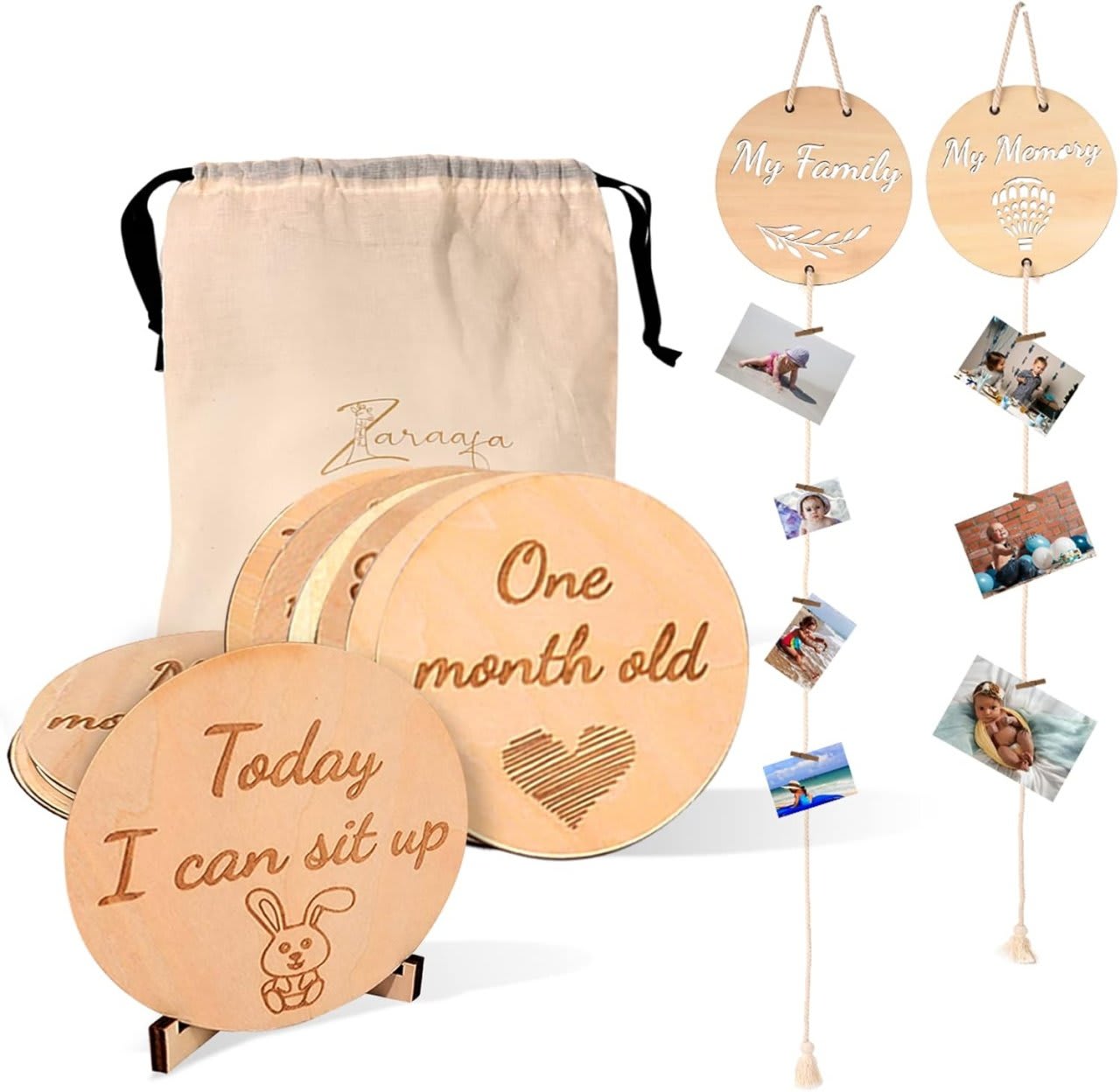 Set 2 Colaje Rame Foto pentru Copii – Lemn + Textil, cu Carduri Milestone pentru 12 Luni