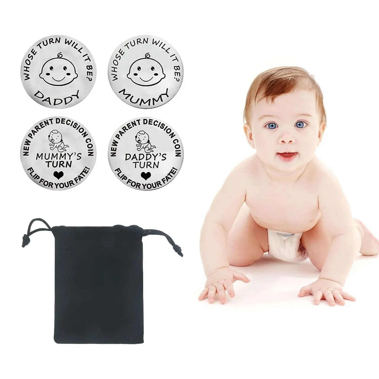 Set 4 Monede de Decizie pentru Parinti din Otel Inoxidabil – Argintiu/Negru, Cadoul Perfect pentru Momente Amuzante