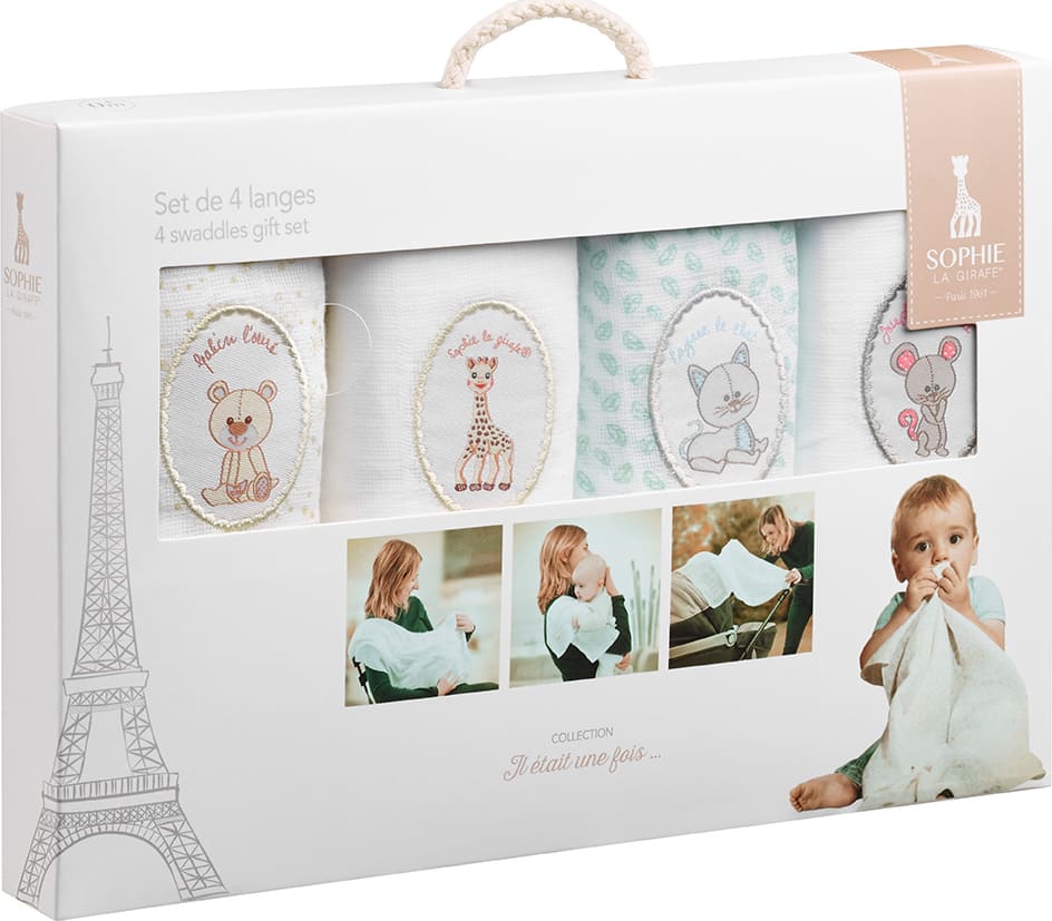 Set Museline Sophie La Girafe, Set 4 Bucati, 70x70 cm, Albe, Delicate pentru Nou-Nascuti