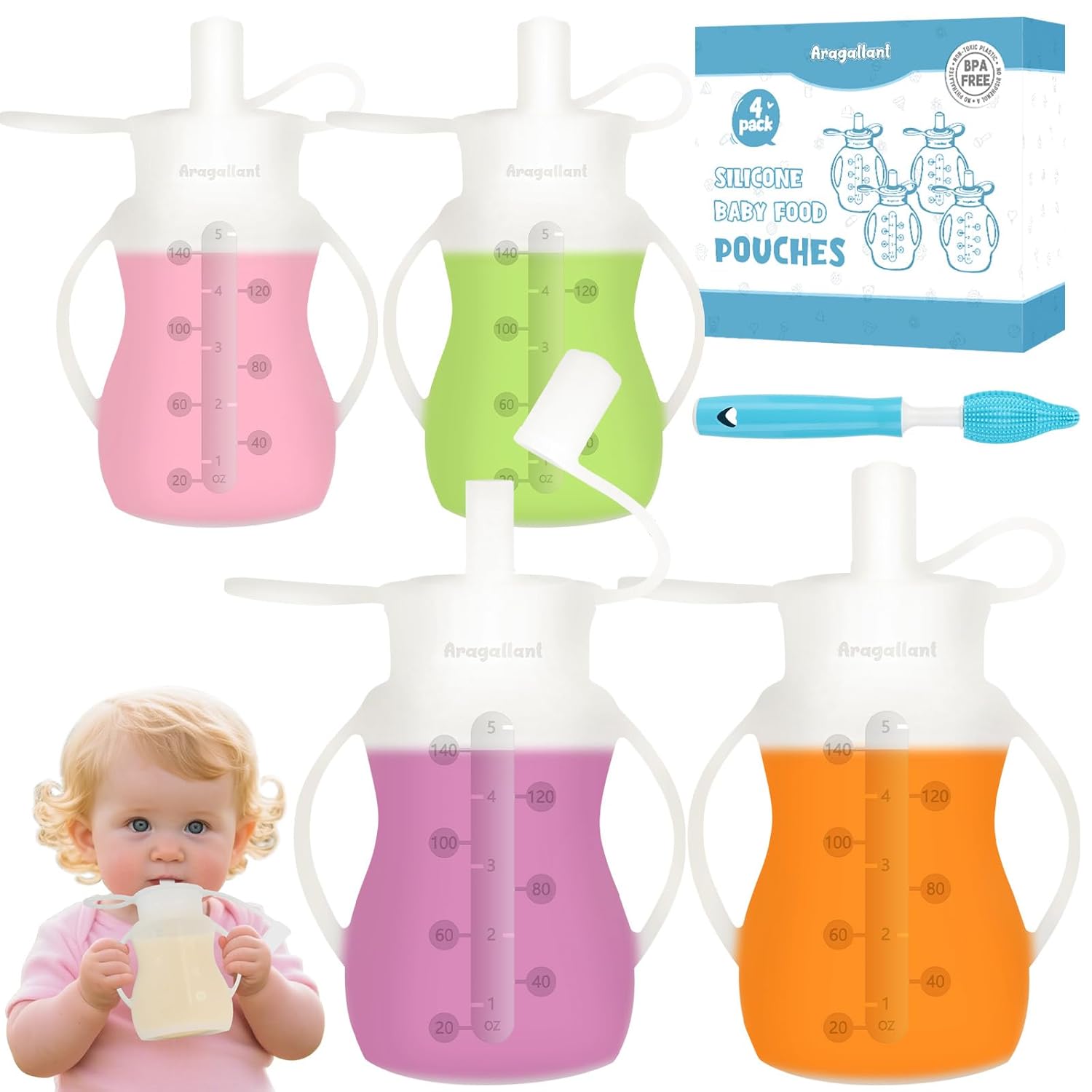 Set Recipiente Reutilizabile Baby Food din Silicon – 156 ml, Pentru Smoothie, Sigur pentru Copii
