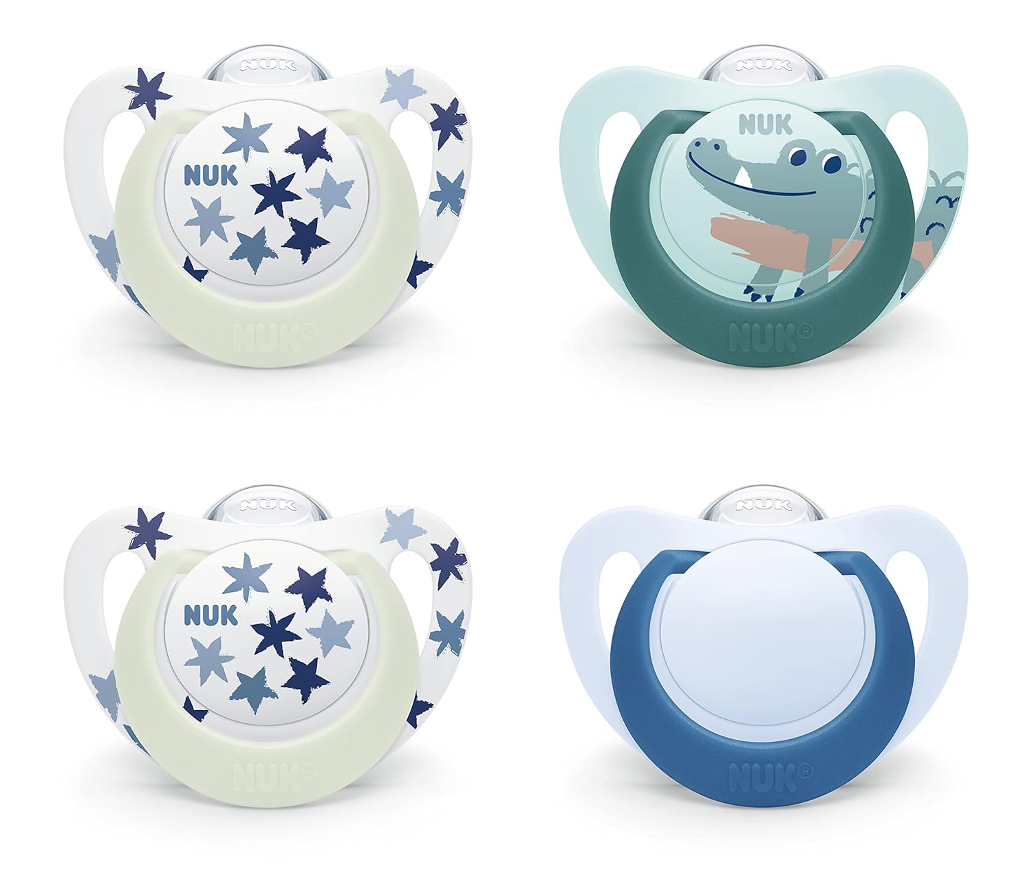 Suzeta NUK Star Day &amp; Night 6-18 Luni, Silicon BPA Free, Efect Fosforescent, Model Crocodil, Set 4 Buc