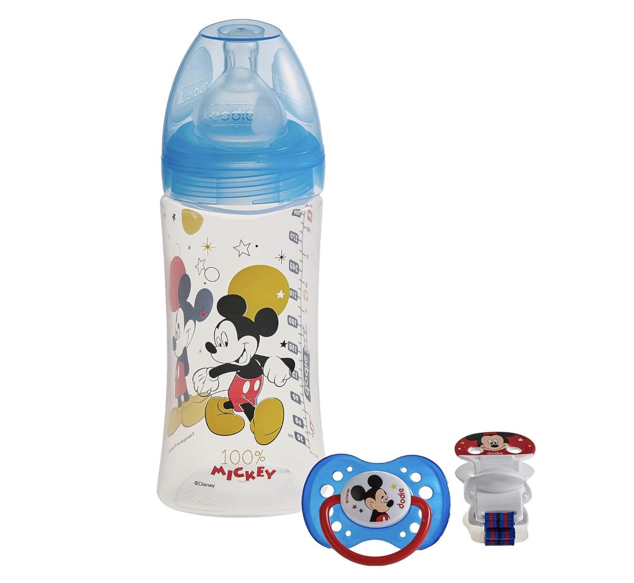 Dodie Set Micky Mouse biberon si suzeta cu lant, 330ml, 6luni+