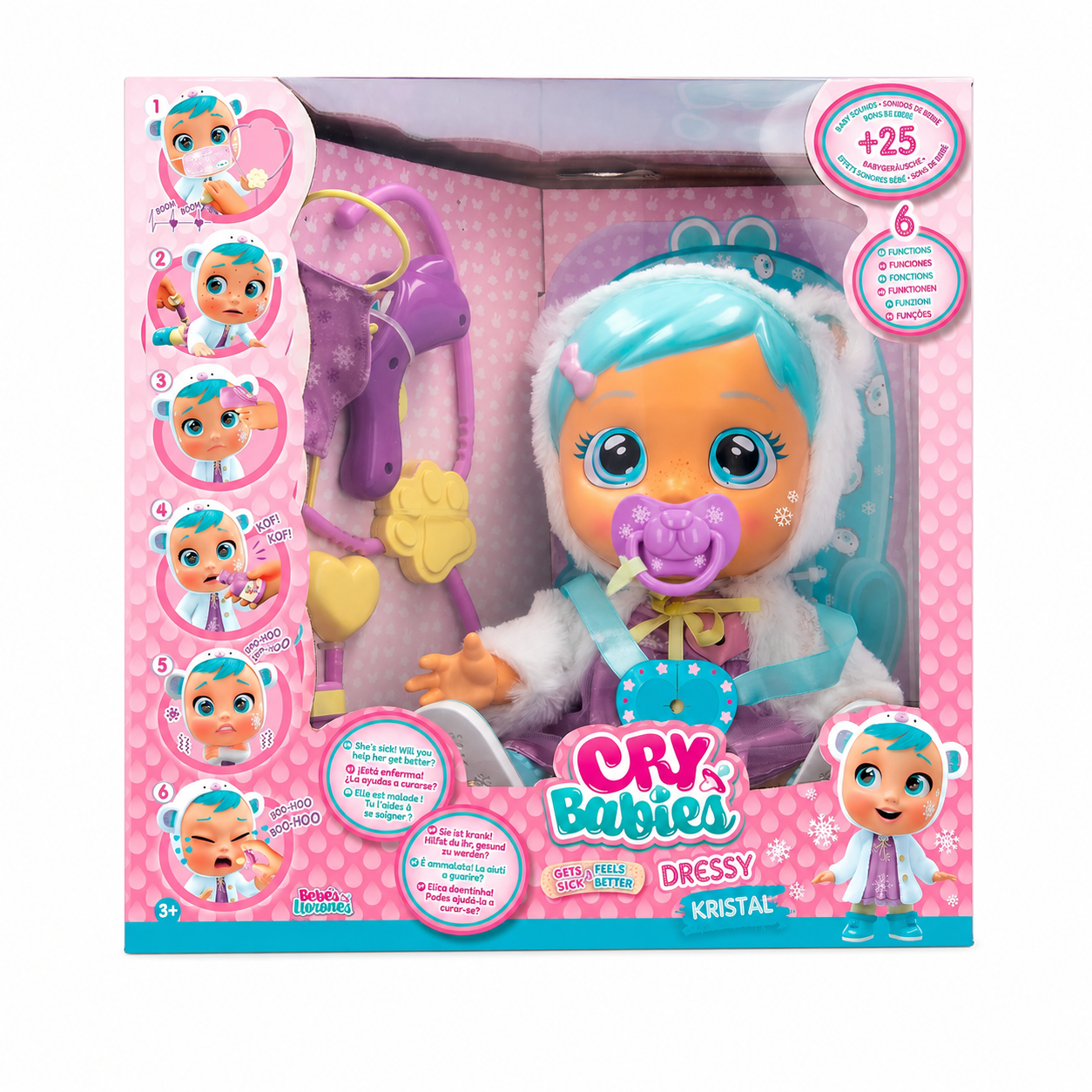 Papusa Cry Babies Kristal, cu 6 functii interactive si accesorii medicale