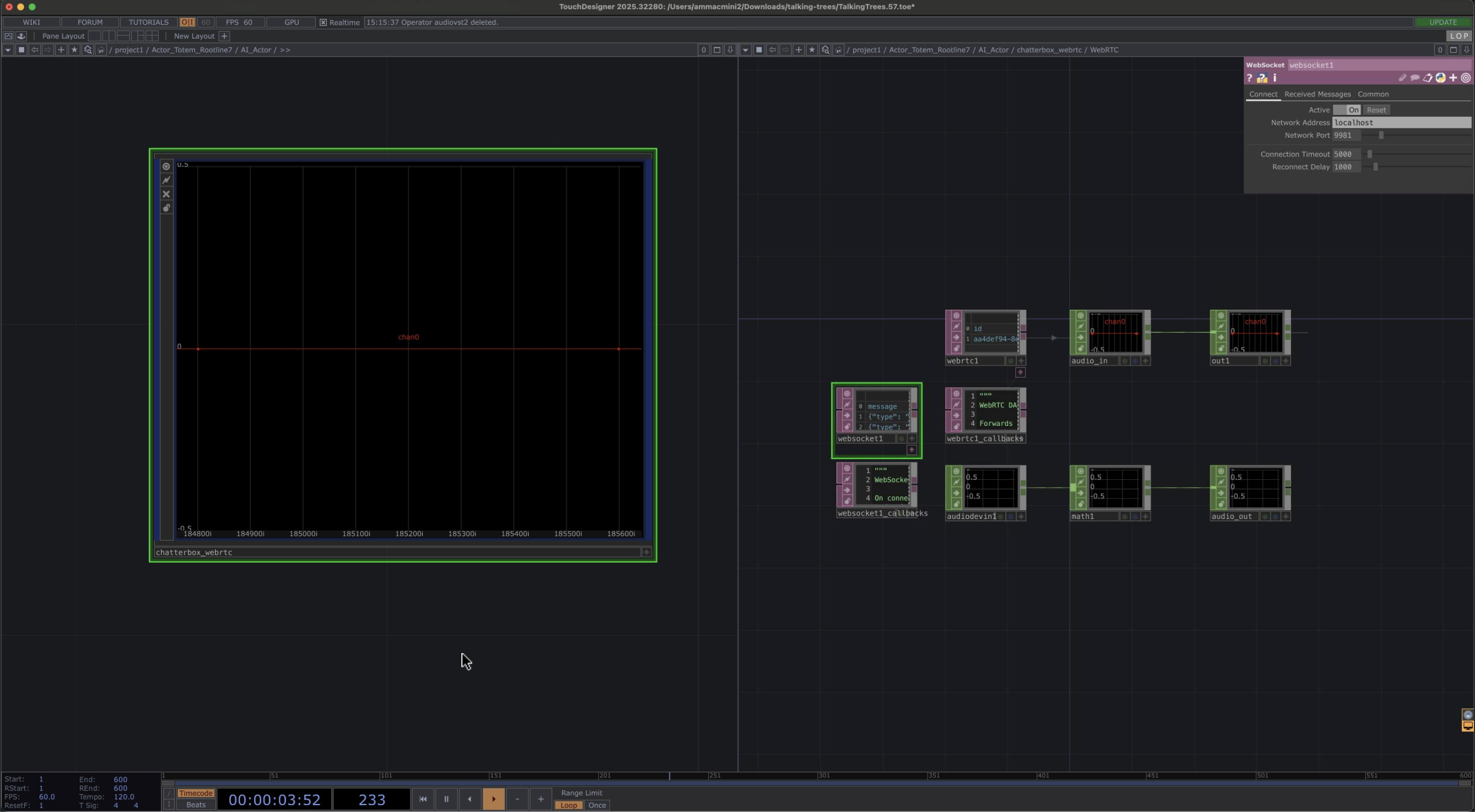 Touchdesigner network of Chatterbox webrtc component