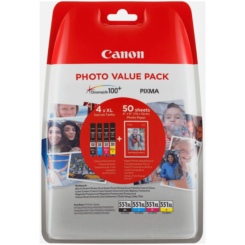 Canon 6443B006 - 551XL Cartouche d'encre multi pack CLI Bk,C,M,Y + Papier photo PP-201 5530pg + 3x69