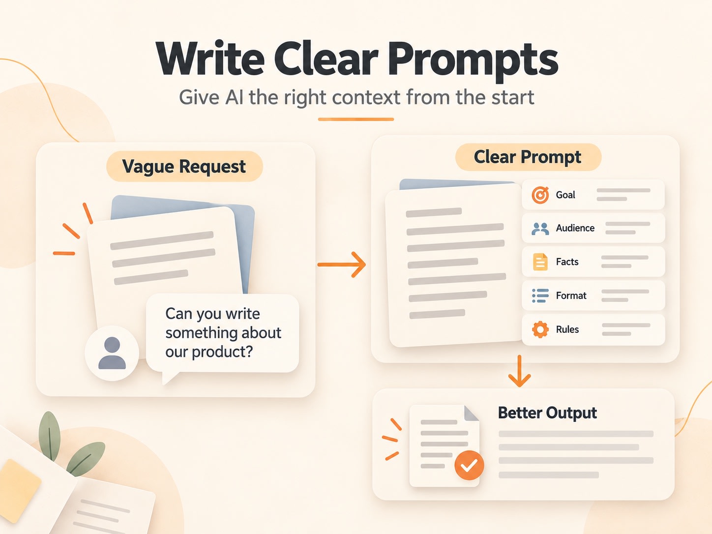 Comparison of a vague request and a clear prompt with goal, audience, facts, format and rules, leading to better output