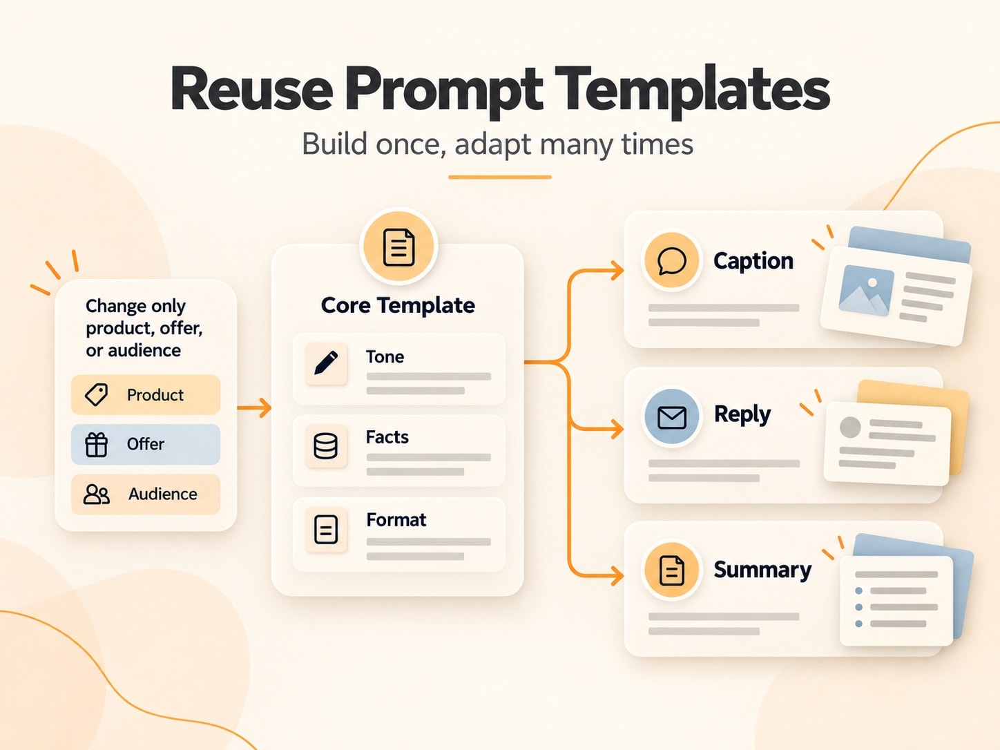 Diagram of a core prompt template with tone, facts and format, reused for captions, customer replies and summaries