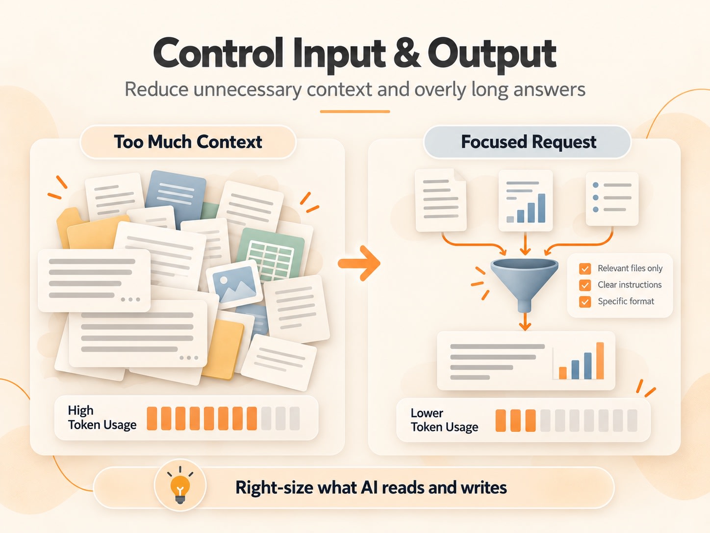Comparison of sending too much context with high token use versus a focused request with relevant files and a clear format