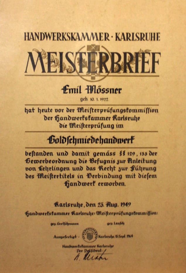 Meisterbrief von Emil Mössner