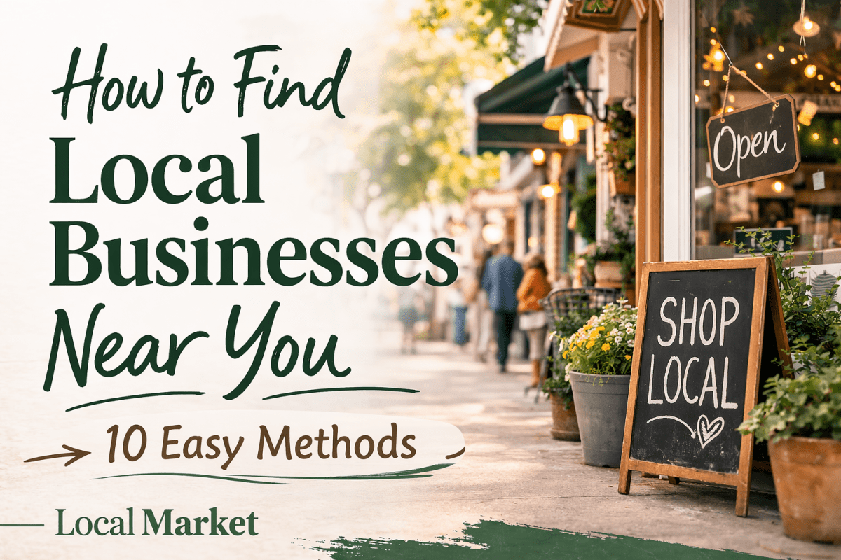 Small town main street with local shops and a sign that says “Shop Local,” representing ways to find local businesses near you.