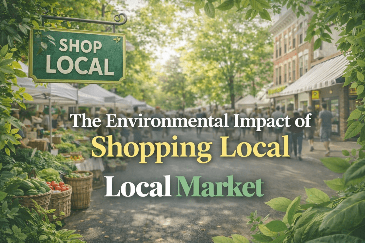 Farmers market on a small-town main street with a “Shop Local” sign illustrating the environmental impact of shopping local and supporting sustainable local businesses.