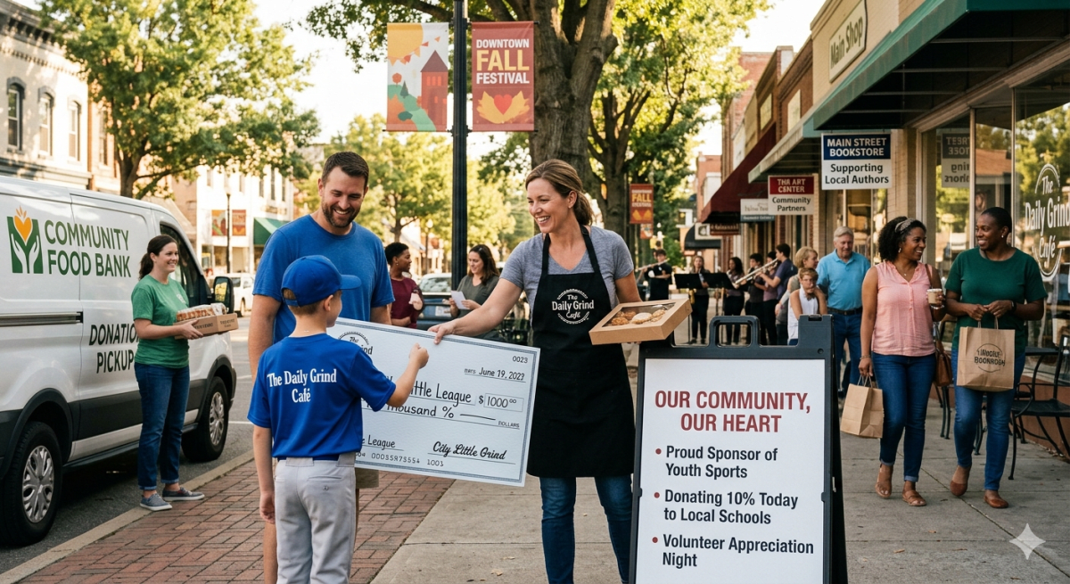 A heartwarming scene on a sun-drenched small-town Main Street where a local cafe owner in an apron presents a large ceremonial donation check to a young Little League baseball player. In the background, a "Community Food Bank" van is being loaded with donations, while an A-frame sign in the foreground lists the business's local sponsorships and volunteer efforts.
