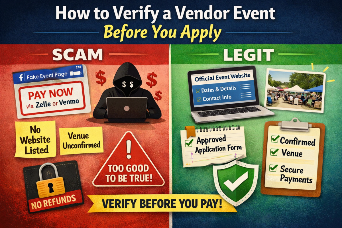 Graphic titled “How to Verify a Vendor Event Before You Apply” split into two sides. The left red side labeled “Scam” shows warning signs like a fake Facebook event page, “Pay Now via Zelle or Venmo,” no website listed, unconfirmed venue, no refunds, and a “too good to be true” warning. The right green side labeled “Legit” shows an official event website, approved application form, confirmed venue, secure payments, and a checkmark shield. A banner at the bottom reads “Verify Before You Pay!”