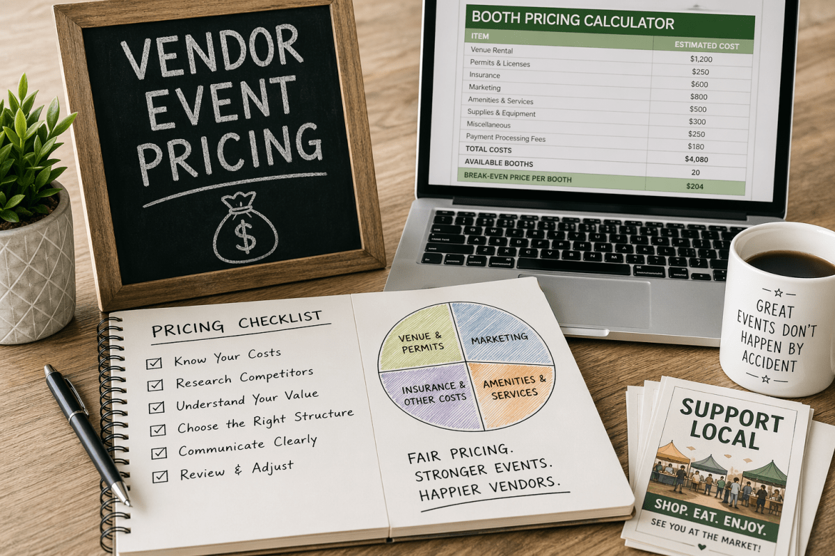 Workspace showing vendor event booth pricing planning with a laptop calculator, checklist notebook, and marketing materials for local markets.